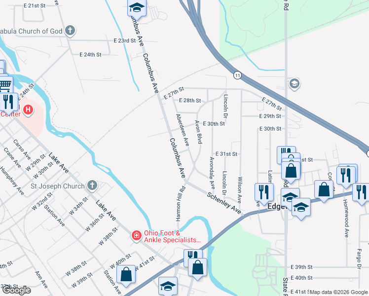 map of restaurants, bars, coffee shops, grocery stores, and more near 3047 Aberdeen Ave in Ashtabula