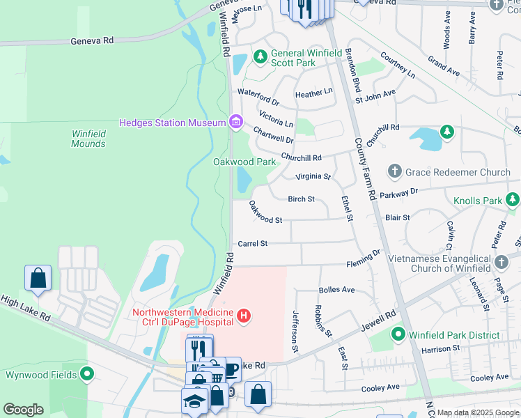 map of restaurants, bars, coffee shops, grocery stores, and more near 27W364 Oakwood Street in Winfield