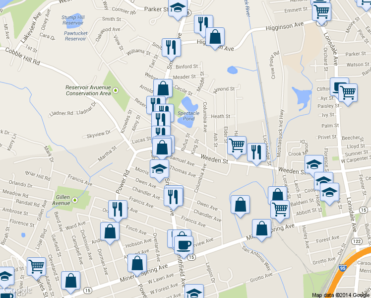 map of restaurants, bars, coffee shops, grocery stores, and more near 725 Weeden Street in Pawtucket