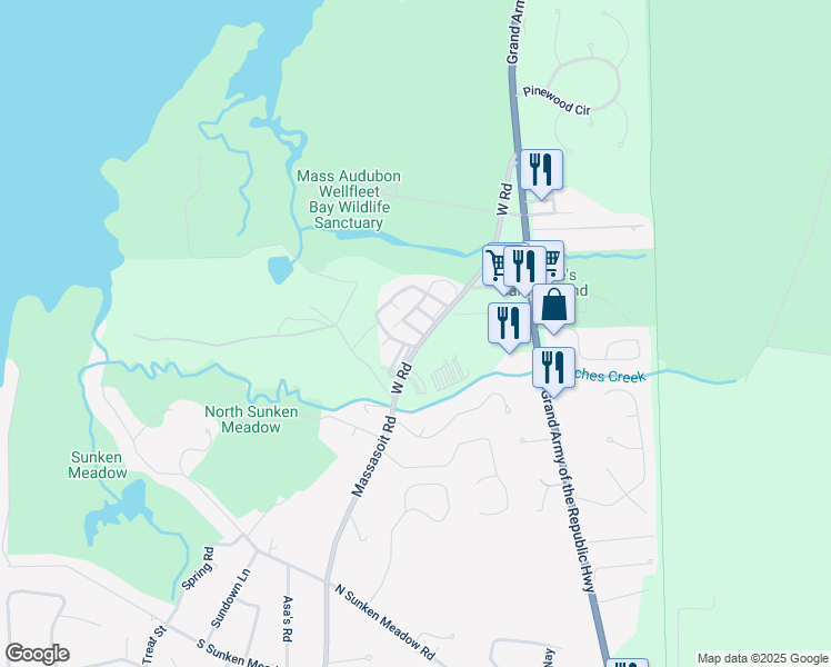 map of restaurants, bars, coffee shops, grocery stores, and more near c28 Deer Path Way in Wellfleet