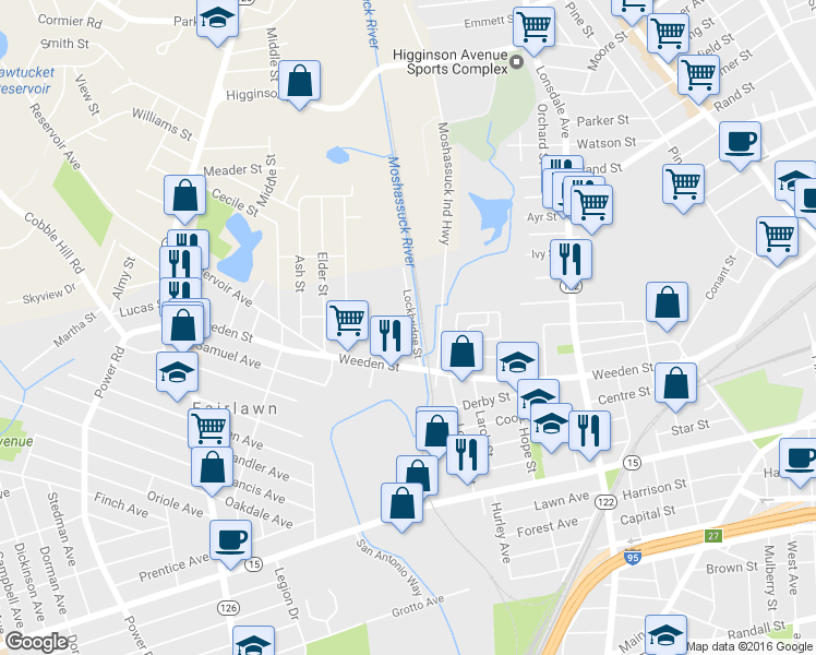 map of restaurants, bars, coffee shops, grocery stores, and more near 9 Lockbridge Street in Pawtucket