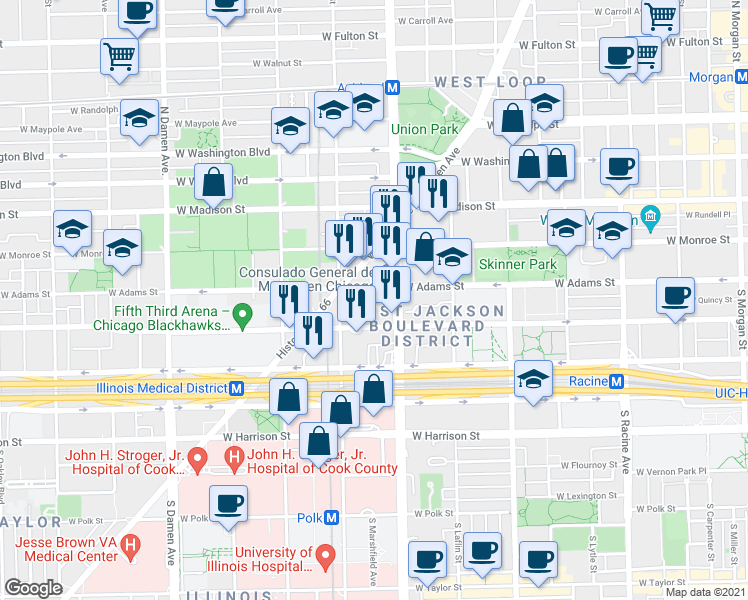 map of restaurants, bars, coffee shops, grocery stores, and more near 1625 West Adams Street in Chicago