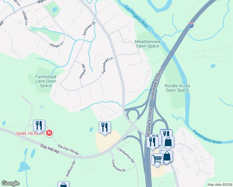 map of restaurants, bars, coffee shops, grocery stores, and more near 911 Poquonock Avenue in Windsor