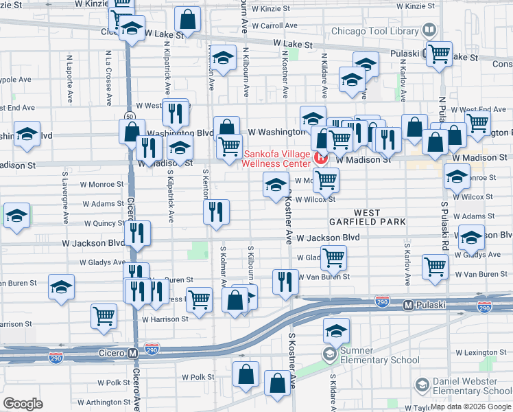 map of restaurants, bars, coffee shops, grocery stores, and more near 4505 West Wilcox Street in Chicago
