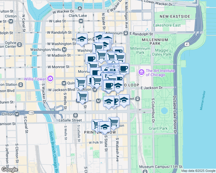 map of restaurants, bars, coffee shops, grocery stores, and more near 14 East Jackson Boulevard in Chicago