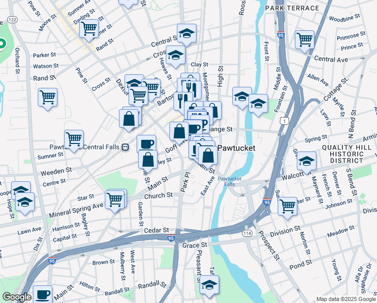 map of restaurants, bars, coffee shops, grocery stores, and more near 301 Main Street in Pawtucket