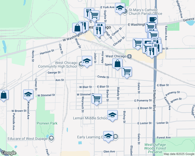 map of restaurants, bars, coffee shops, grocery stores, and more near 357 Joliet Street in West Chicago