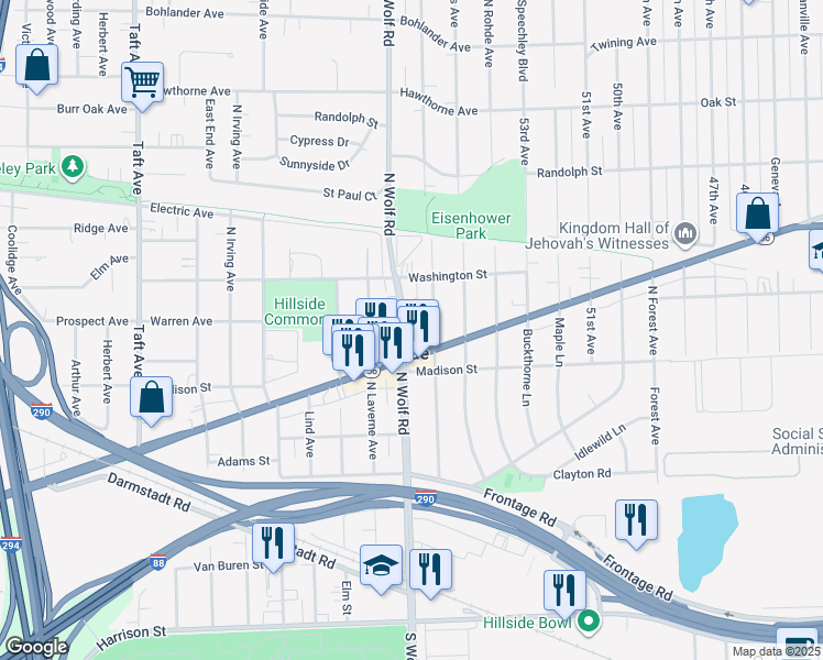 map of restaurants, bars, coffee shops, grocery stores, and more near 443 North Wolf Road in Hillside