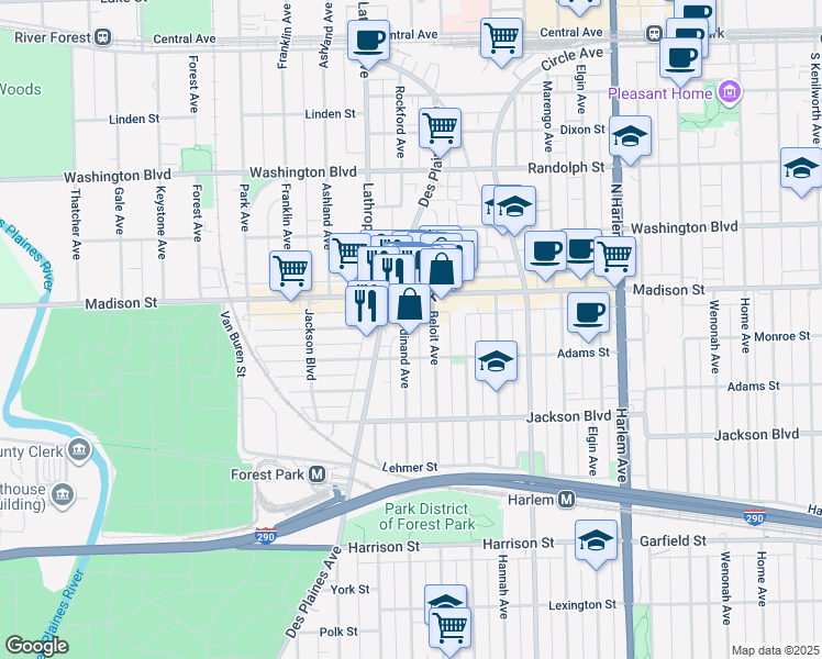 map of restaurants, bars, coffee shops, grocery stores, and more near 426 Ferdinand Avenue in Forest Park