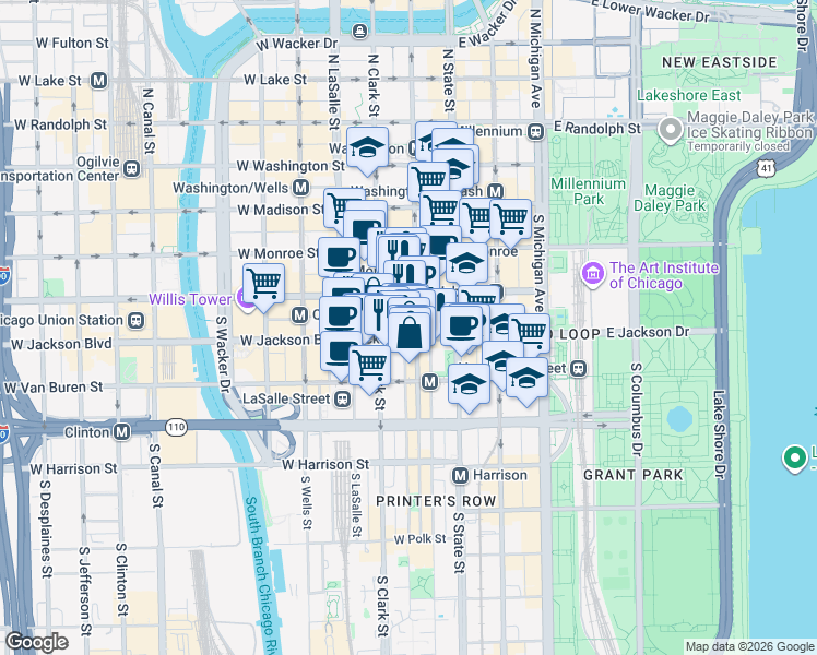 map of restaurants, bars, coffee shops, grocery stores, and more near 230 South Dearborn Street in Chicago