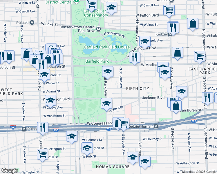 map of restaurants, bars, coffee shops, grocery stores, and more near 135 S Central Park Blvd in Chicago