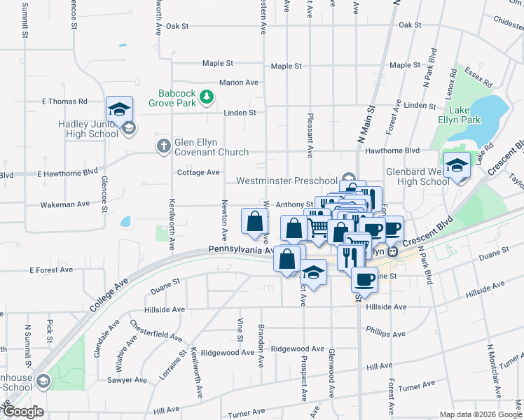 map of restaurants, bars, coffee shops, grocery stores, and more near 399 Anthony Street in Glen Ellyn