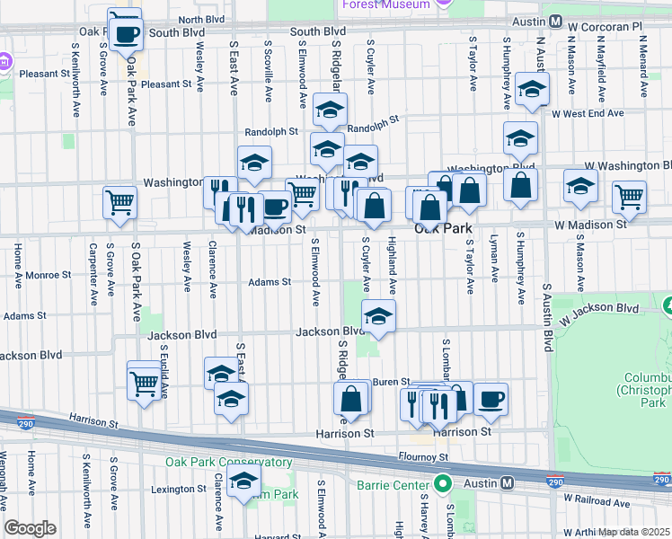 map of restaurants, bars, coffee shops, grocery stores, and more near 537 South Ridgeland Avenue in Oak Park