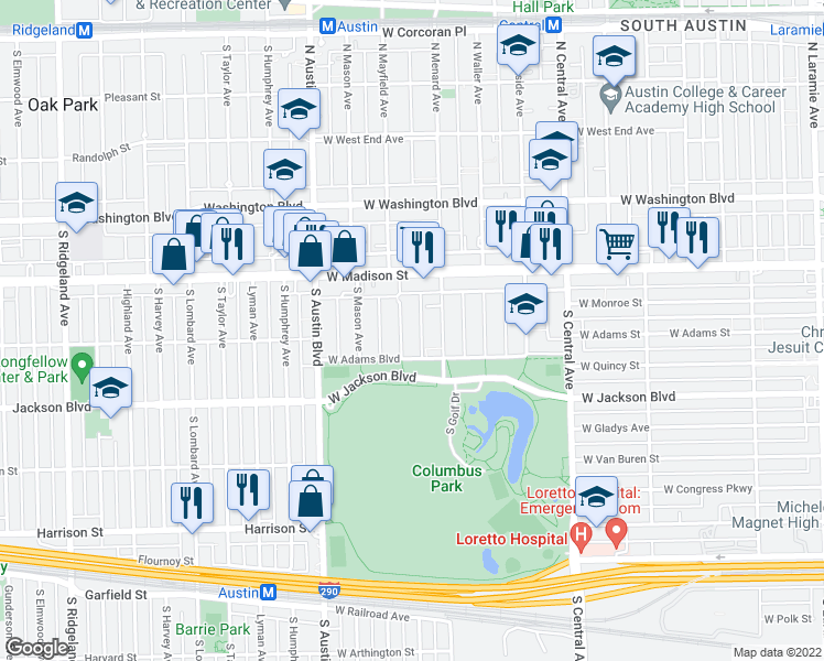 map of restaurants, bars, coffee shops, grocery stores, and more near 121 South Mayfield Avenue in Chicago