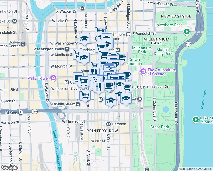 map of restaurants, bars, coffee shops, grocery stores, and more near in Chicago