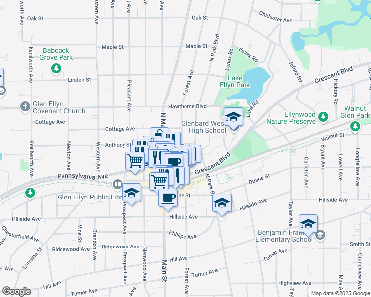 map of restaurants, bars, coffee shops, grocery stores, and more near 521 Forest Avenue in Glen Ellyn