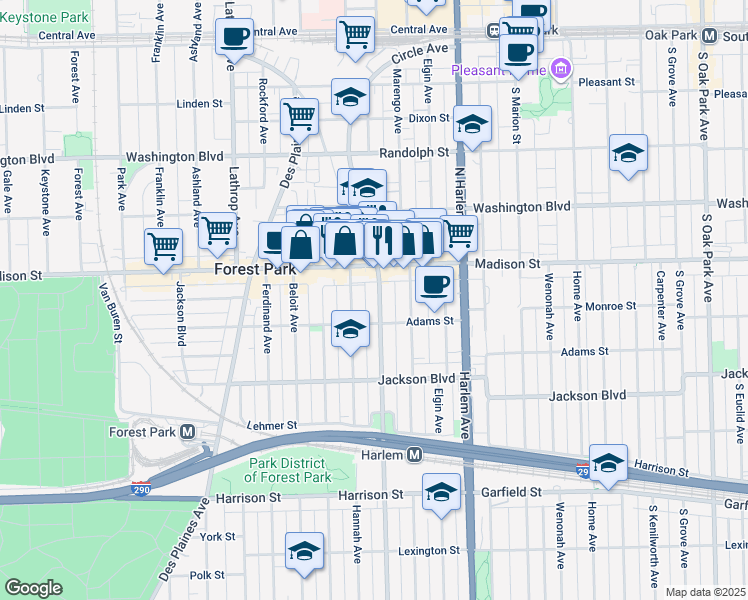 map of restaurants, bars, coffee shops, grocery stores, and more near 429 Circle Avenue in Forest Park