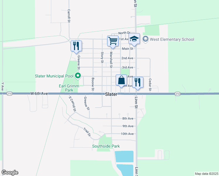 map of restaurants, bars, coffee shops, grocery stores, and more near 501 Marshall Street in Slater