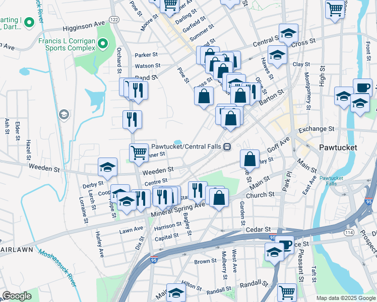 map of restaurants, bars, coffee shops, grocery stores, and more near 179A Conant Street in Pawtucket