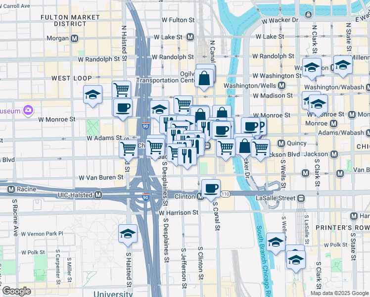 map of restaurants, bars, coffee shops, grocery stores, and more near 565 West Quincy Street in Chicago
