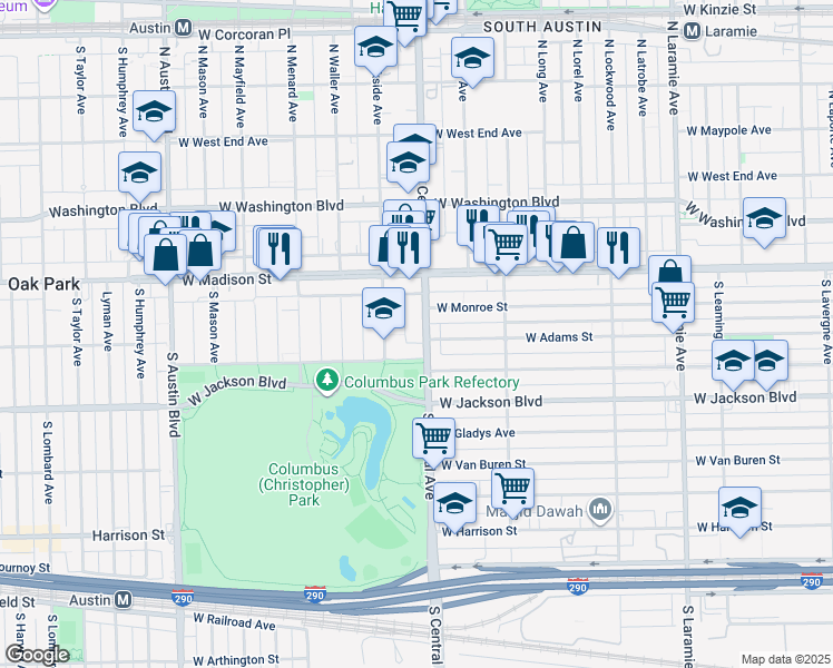 map of restaurants, bars, coffee shops, grocery stores, and more near 122 South Central Avenue in Chicago