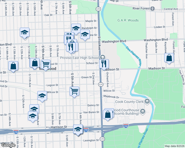 map of restaurants, bars, coffee shops, grocery stores, and more near 1010 South 2nd Avenue in Maywood