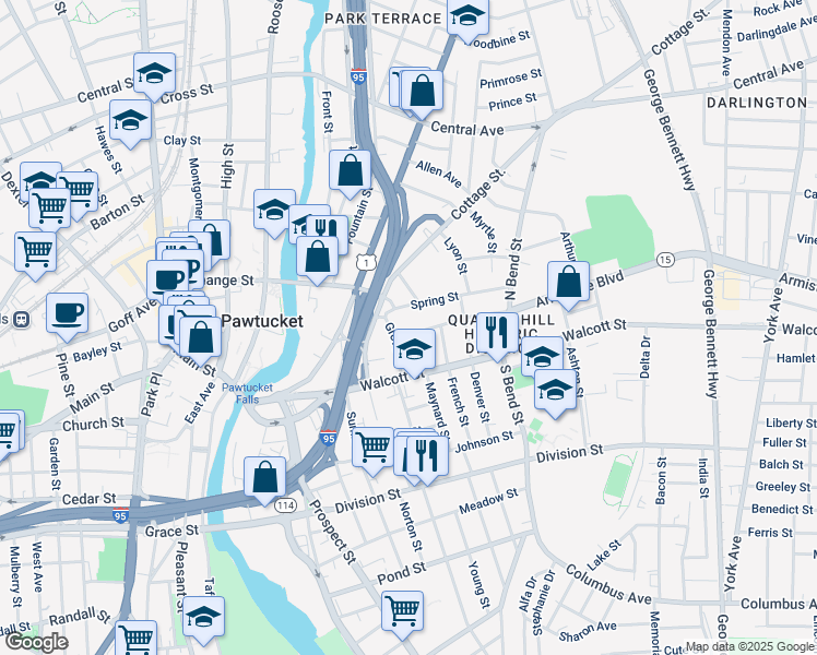 map of restaurants, bars, coffee shops, grocery stores, and more near 26 Grove Street in Pawtucket
