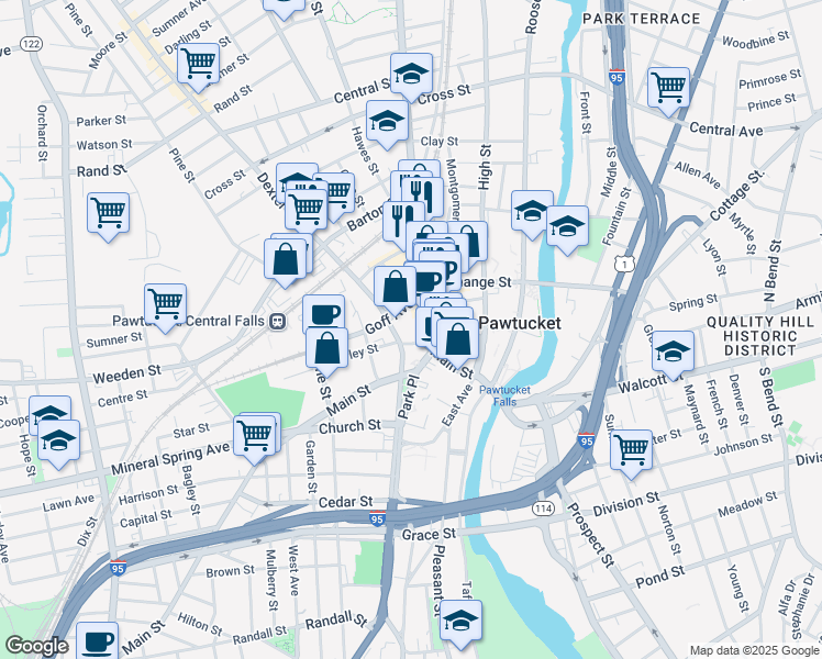 map of restaurants, bars, coffee shops, grocery stores, and more near 301 Main Street in Pawtucket