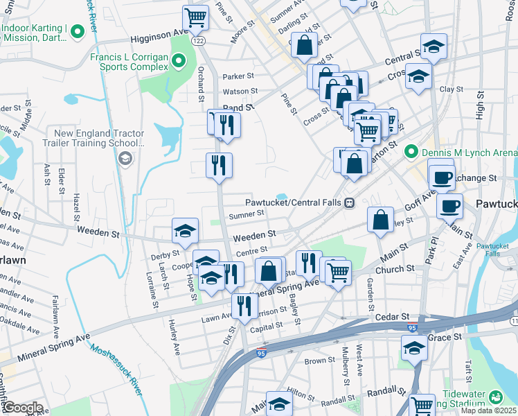 map of restaurants, bars, coffee shops, grocery stores, and more near 58 Coleman Street in Pawtucket