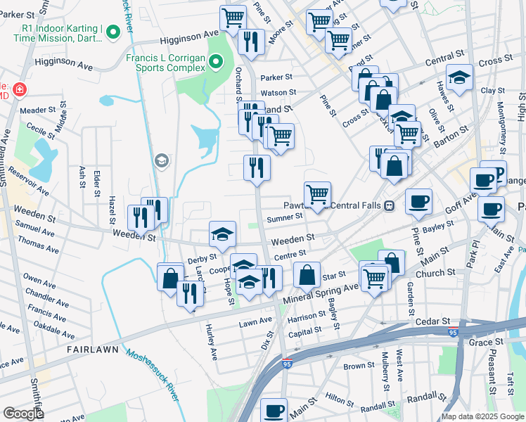 map of restaurants, bars, coffee shops, grocery stores, and more near 397 Lonsdale Avenue in Pawtucket