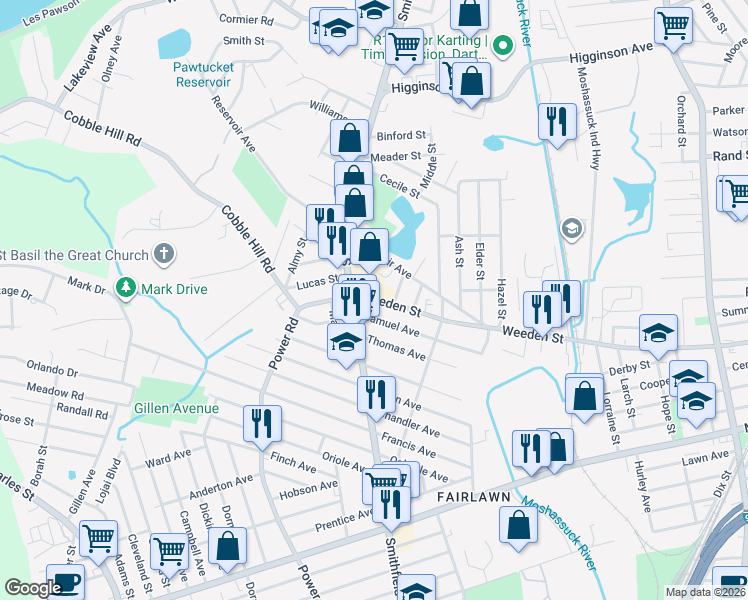map of restaurants, bars, coffee shops, grocery stores, and more near 577 Smithfield Avenue in Pawtucket