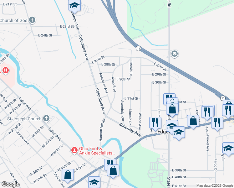 map of restaurants, bars, coffee shops, grocery stores, and more near 3054 Avon Blvd in Ashtabula