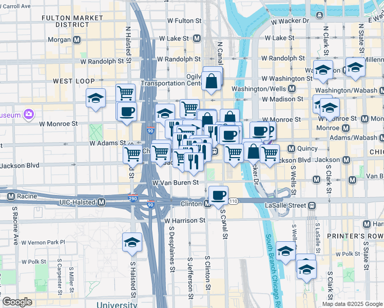 map of restaurants, bars, coffee shops, grocery stores, and more near 565 West Quincy Street in Chicago