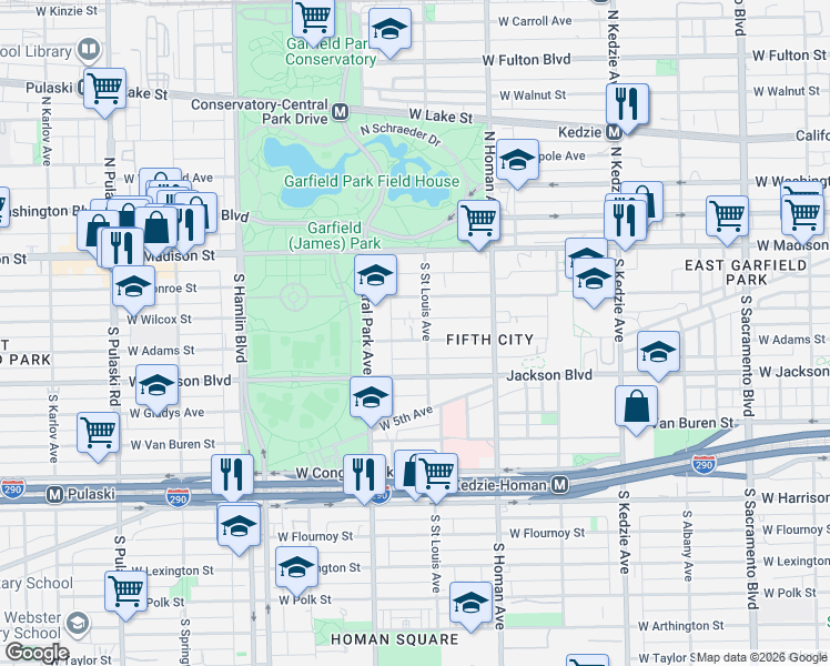 map of restaurants, bars, coffee shops, grocery stores, and more near 3508 West Adams Street in Chicago