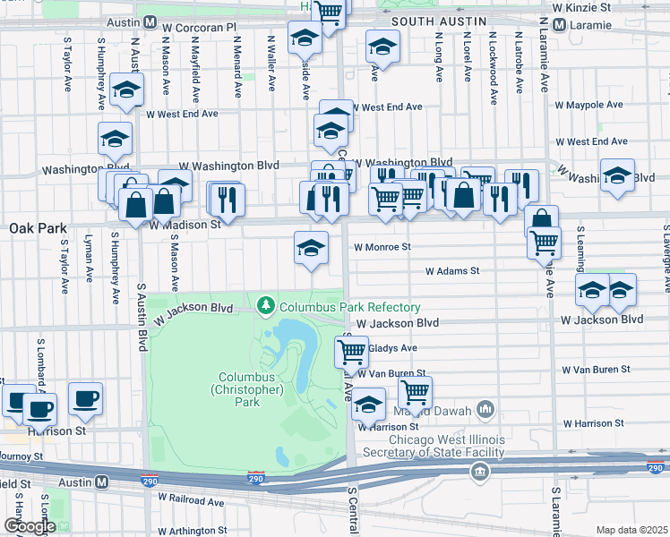 map of restaurants, bars, coffee shops, grocery stores, and more near 122 South Central Avenue in Chicago