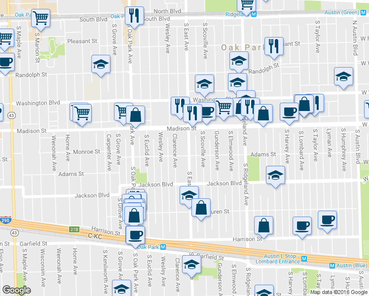 map of restaurants, bars, coffee shops, grocery stores, and more near 534 South East Avenue in Oak Park