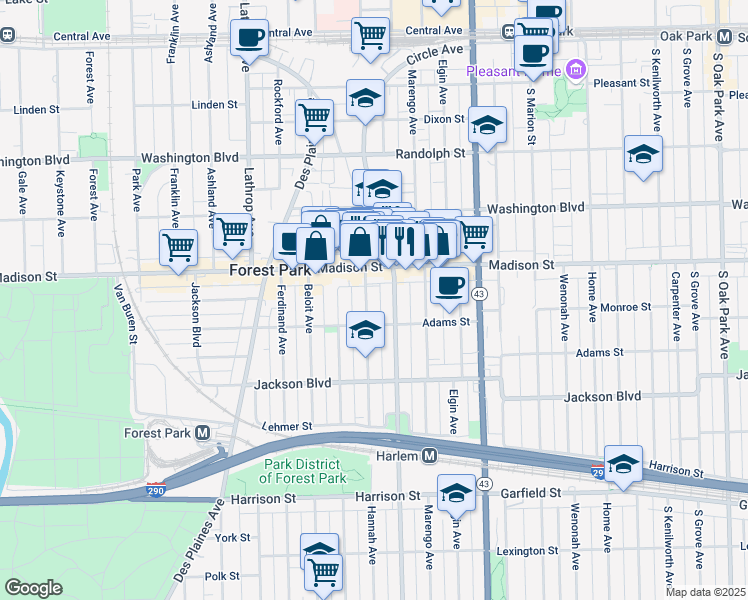 map of restaurants, bars, coffee shops, grocery stores, and more near 429 Circle Avenue in Forest Park