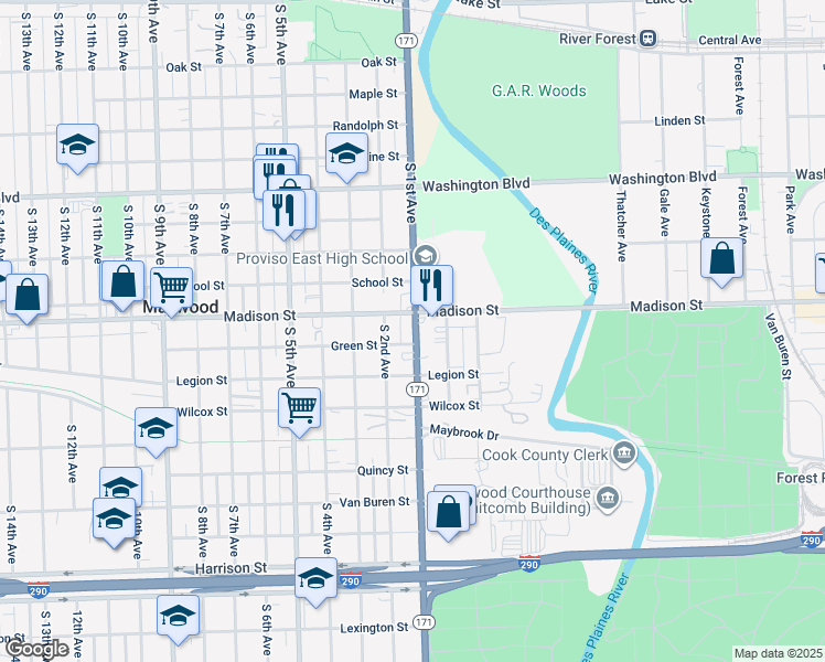 map of restaurants, bars, coffee shops, grocery stores, and more near 1012 South 1st Avenue in Maywood