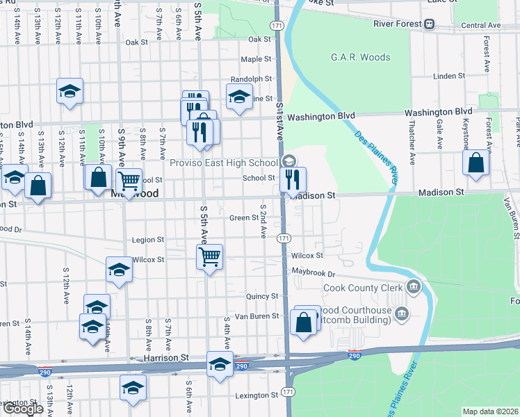 map of restaurants, bars, coffee shops, grocery stores, and more near 1010 South 2nd Avenue in Maywood