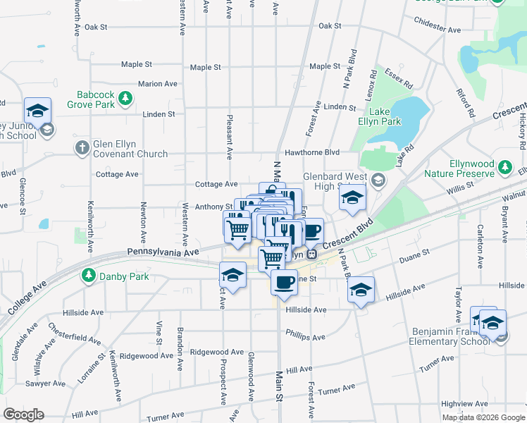 map of restaurants, bars, coffee shops, grocery stores, and more near 487 Anthony Street in Glen Ellyn