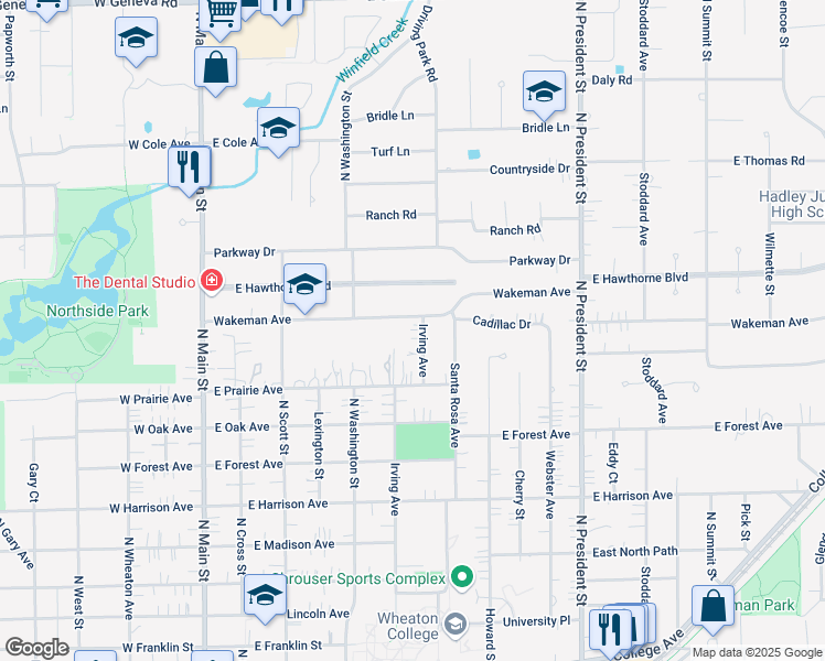 map of restaurants, bars, coffee shops, grocery stores, and more near 1319 Irving Avenue in Wheaton