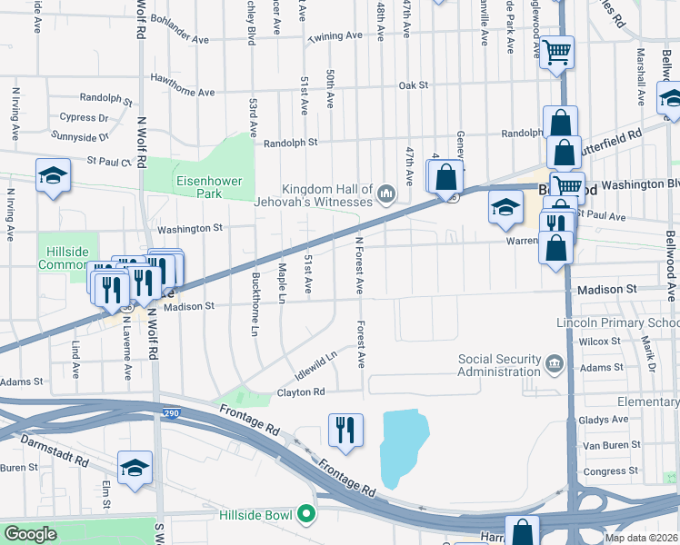 map of restaurants, bars, coffee shops, grocery stores, and more near 433 Jackson Boulevard in Hillside