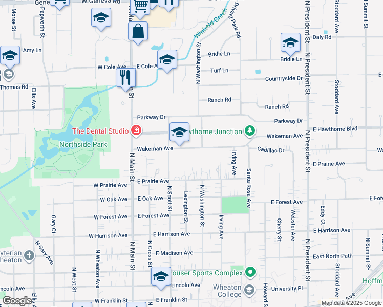 map of restaurants, bars, coffee shops, grocery stores, and more near 334 Wakeman Avenue in Wheaton