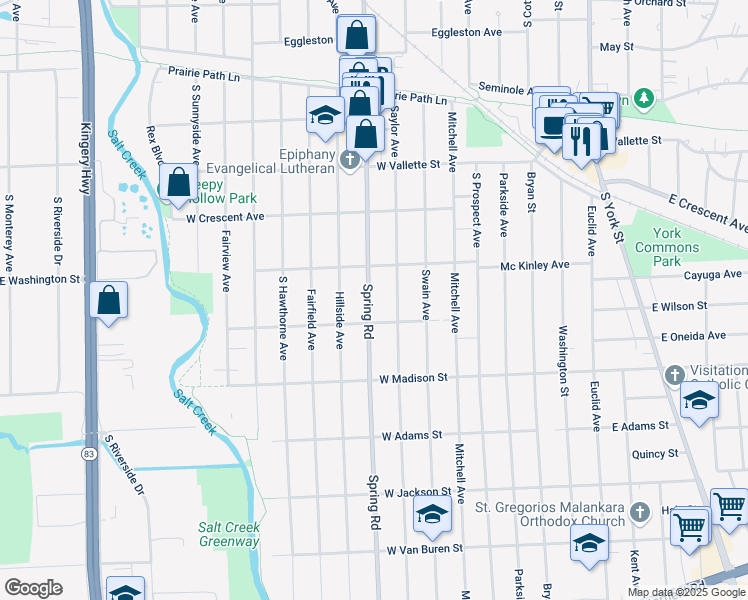 map of restaurants, bars, coffee shops, grocery stores, and more near 701 Spring Road in Elmhurst