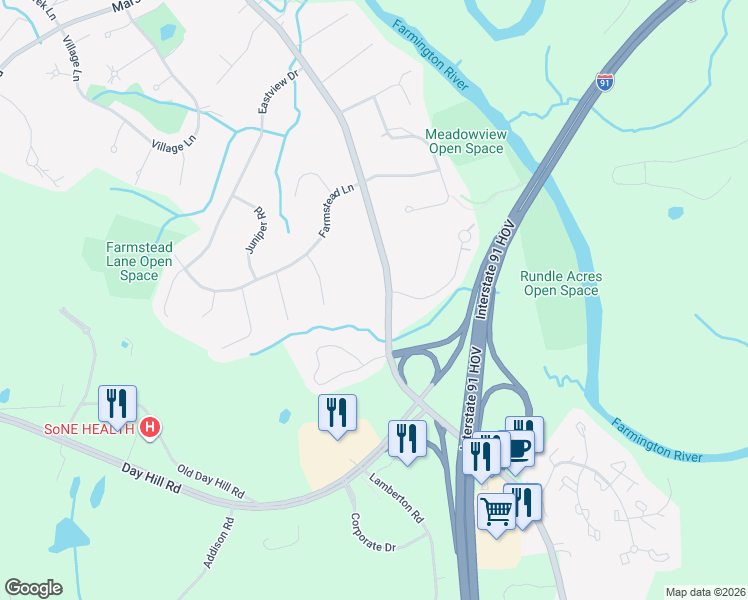 map of restaurants, bars, coffee shops, grocery stores, and more near 911 Poquonock Avenue in Windsor