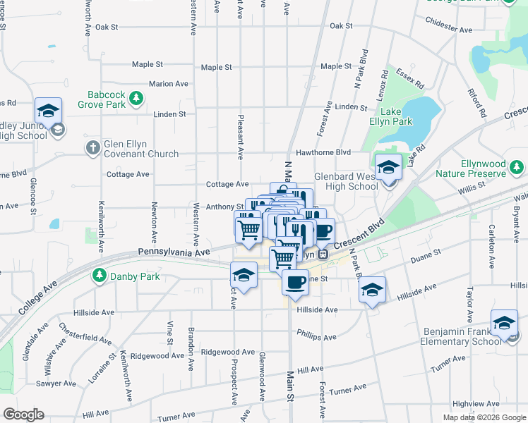 map of restaurants, bars, coffee shops, grocery stores, and more near 487 Anthony Street in Glen Ellyn