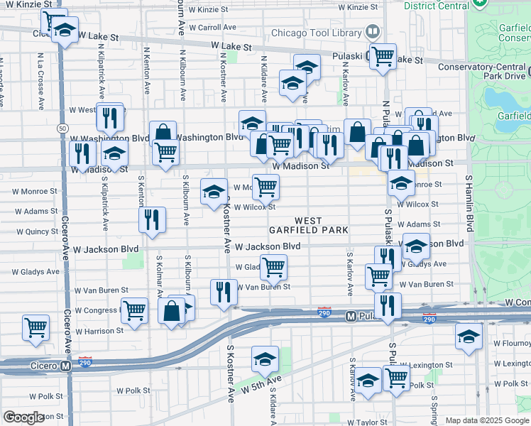 map of restaurants, bars, coffee shops, grocery stores, and more near 4301 West Wilcox Street in Chicago