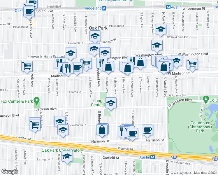 map of restaurants, bars, coffee shops, grocery stores, and more near 536 South Cuyler Avenue in Oak Park