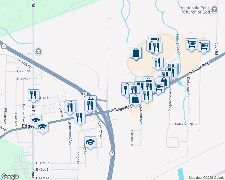 map of restaurants, bars, coffee shops, grocery stores, and more near 3038 Eureka Road in Ashtabula