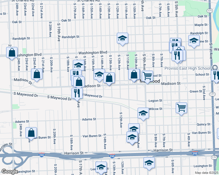 map of restaurants, bars, coffee shops, grocery stores, and more near 1300 Madison Street in Maywood